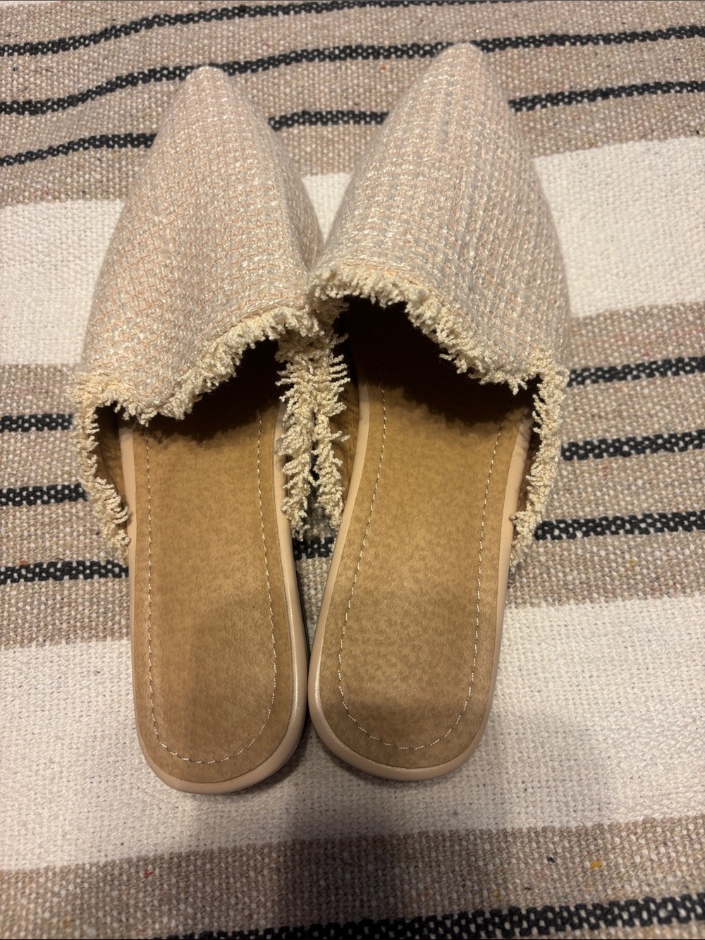 SHEIN Beige Textured Pointed Frayed Slip-On Mules